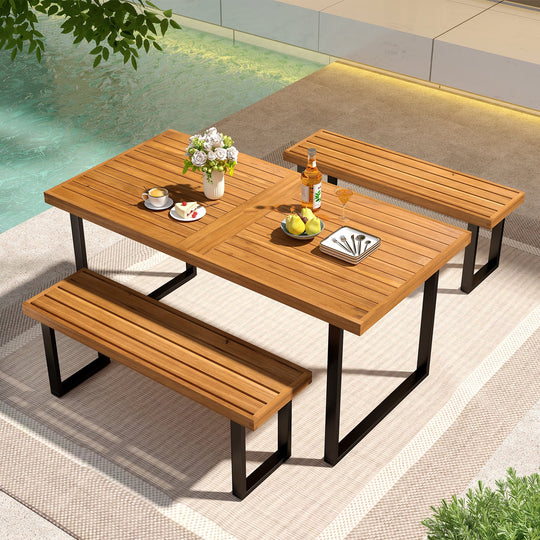 3 Pieces Patio Dining Table Set 63‚Äù Rectangle Table and 2 Backless Bench