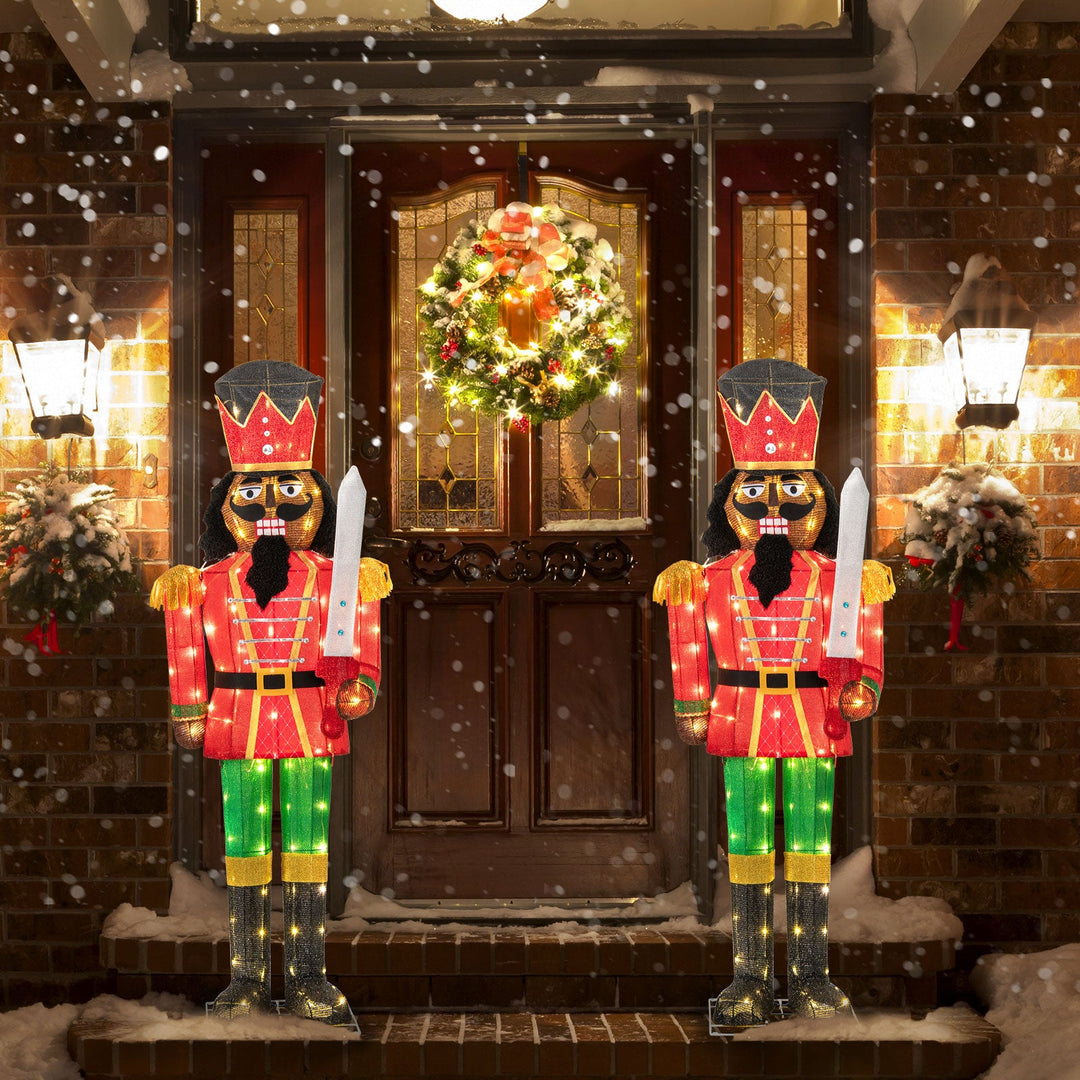 Set of 2 5 FT Lighted Christmas Nutcracker with Glitter Sword
