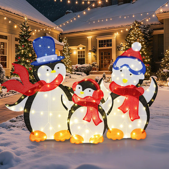 3-Piece 2D Lighted Penguin Family Christmas Decoration with 160 LED Lights