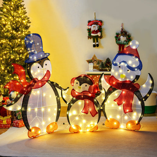 3-Piece 2D Lighted Penguin Family Christmas Decoration with 160 LED Lights