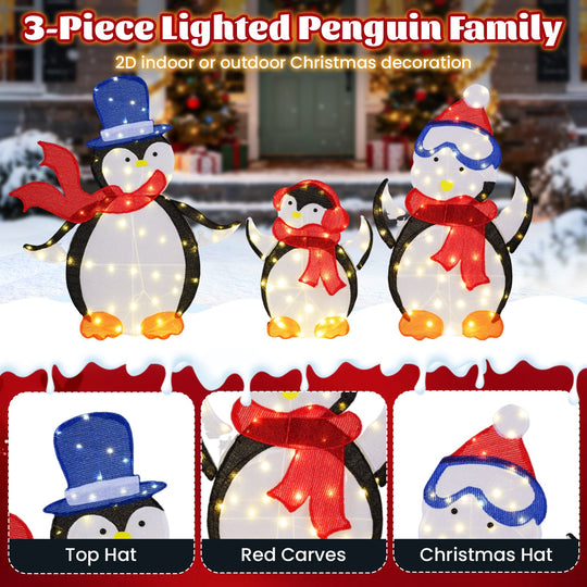 3-Piece 2D Lighted Penguin Family Christmas Decoration with 160 LED Lights