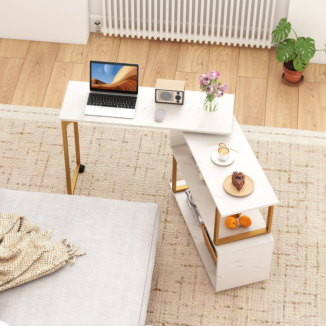 360¬∞ Rotating Sofa Side Table with Storage Bookcase and Hooks for Living Room-White