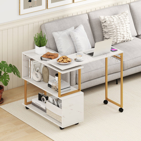 360¬∞ Rotating Sofa Side Table with Storage Bookcase and Hooks for Living Room-White