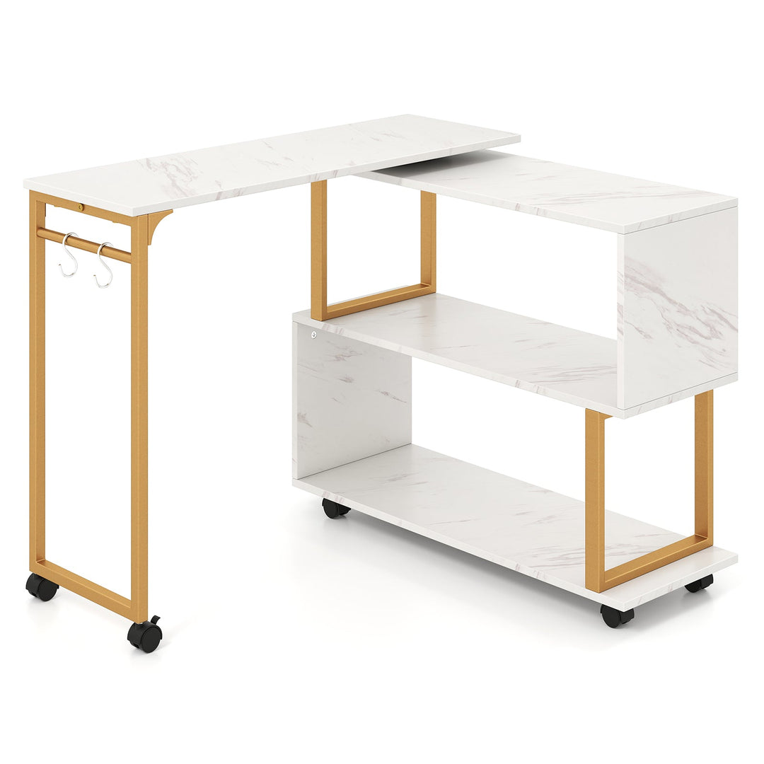 360¬∞ Rotating Sofa Side Table with Storage Bookcase and Hooks for Living Room-White