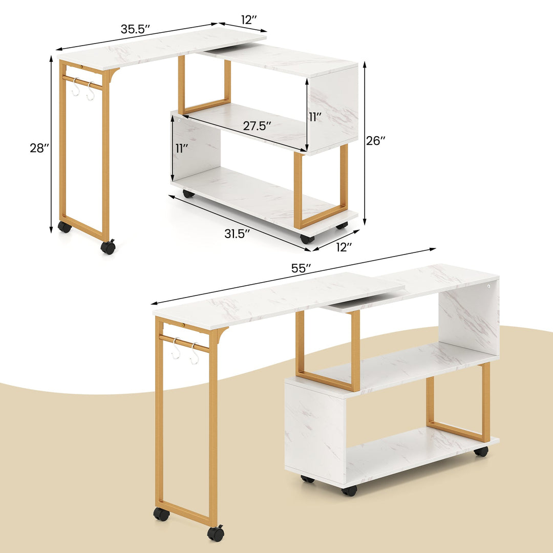 360¬∞ Rotating Sofa Side Table with Storage Bookcase and Hooks for Living Room-White