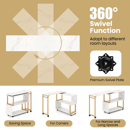 360¬∞ Rotating Sofa Side Table with Storage Bookcase and Hooks for Living Room-White