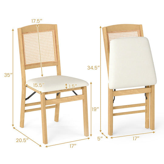 Folding Dining Chairs Set of 2 Rubber Wood Chairs with Linen Padded Seat