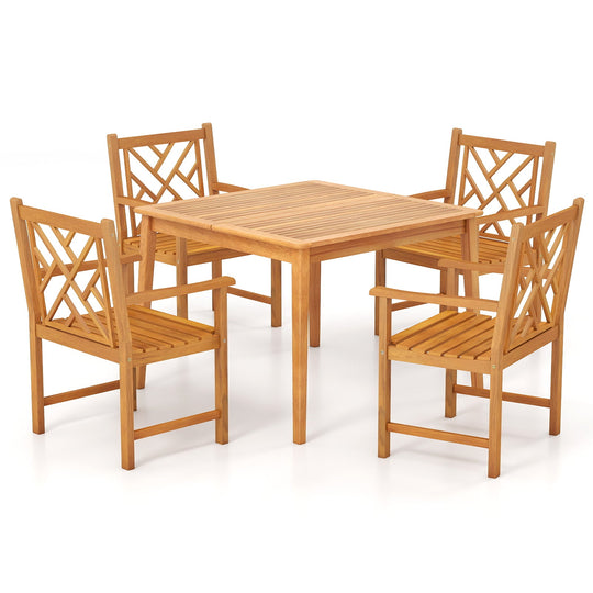 5-Pieces Patio Dining Table Set Wood Square Dining Table with 4 Chairs and Slatted Tabletop