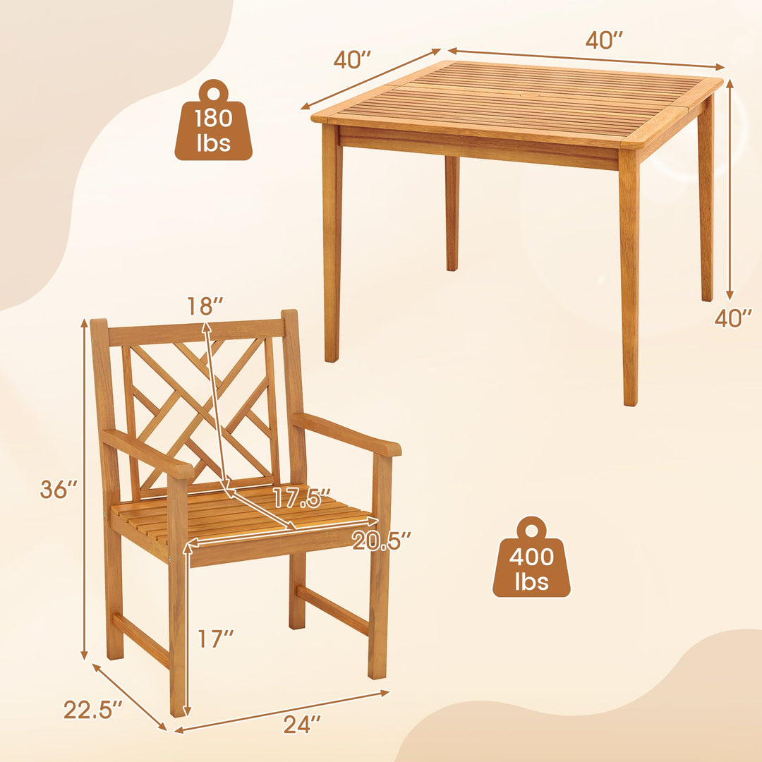 5-Pieces Patio Dining Table Set Wood Square Dining Table with 4 Chairs and Slatted Tabletop