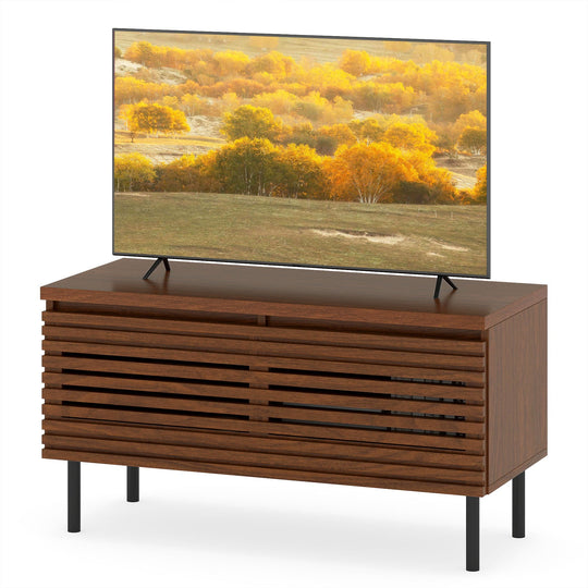 Mid Century Fluted TV Stand for 40" TV with 2 Hidden Compartments and Metal Legs-Walnut