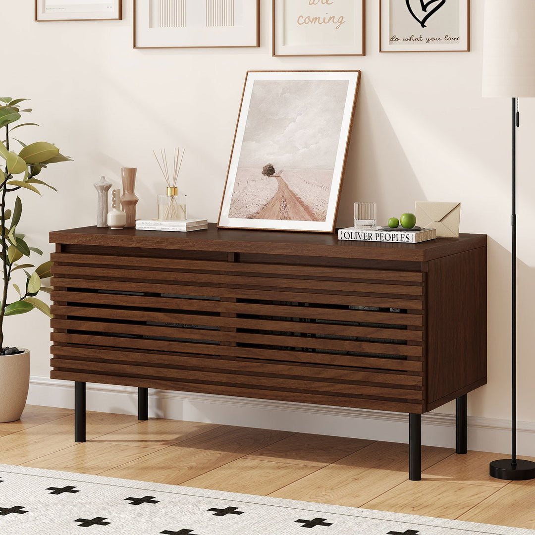 Mid Century Fluted TV Stand for 40" TV with 2 Hidden Compartments and Metal Legs-Walnut