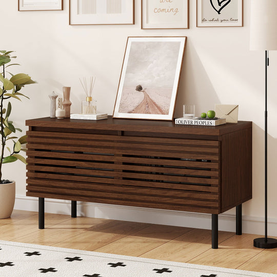 Mid Century Fluted TV Stand for 40" TV with 2 Hidden Compartments and Metal Legs-Walnut