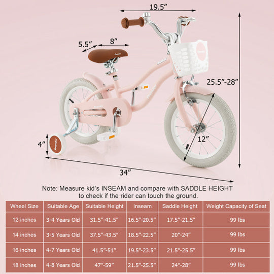12 Inch Kids Bike with Helmet Protective Set Pink