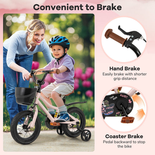 12 Inch Kids Bike with Helmet Protective Set Black & Pink