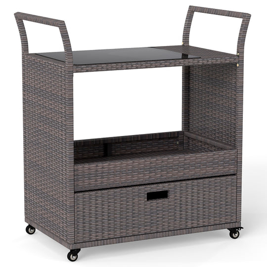 Outdoor Wicker Bar Cart Table with Tempered Glass Top