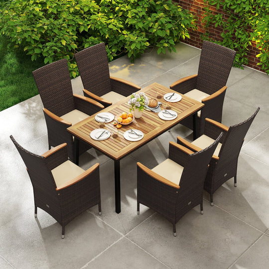 Outdoor Dining Set for 6 Patio Wicker Armchairs and Acacia Wood Table