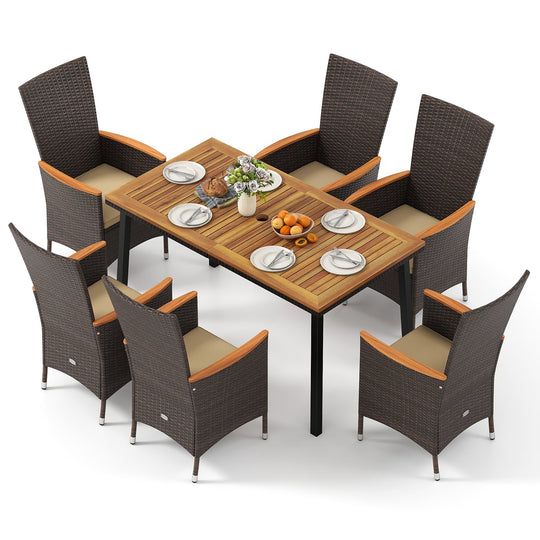 Outdoor Dining Set for 6 Patio Wicker Armchairs and Acacia Wood Table