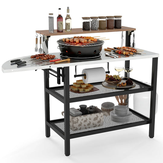 Outdoor Foldable Grill Table with Flip-Up Top and 2 Storage Shelves for Backyard Garden