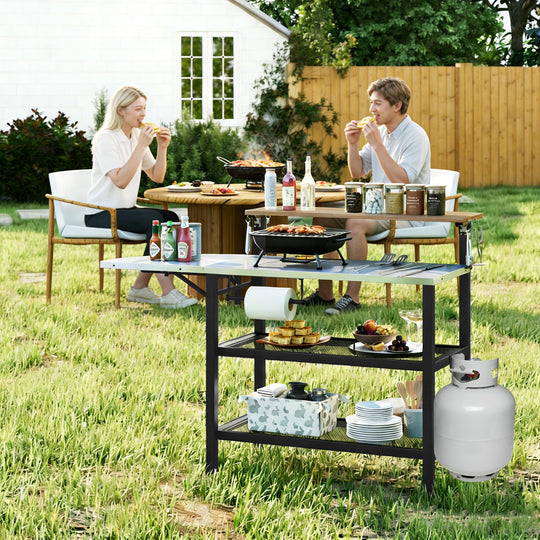 Outdoor Foldable Grill Table with Flip-Up Top and 2 Storage Shelves for Backyard Garden