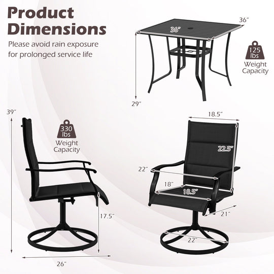 5 Pieces Outdoor Dining Set with 4 Swivel Chairs and 36 Inch Square Patio Table