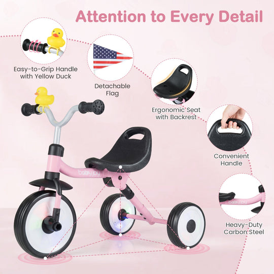 Glowing Wheels Toddler Tricycle Foldable Kids Trike with Basket and Duck Bell