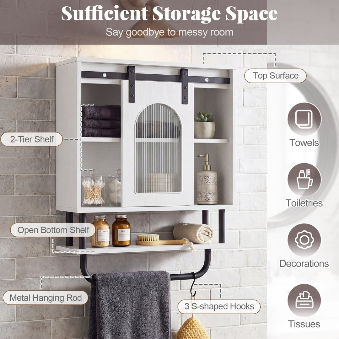 Bathroom Wall Cabinet with Sliding Barn Door and Metal Hanging Bar with 3 Hooks