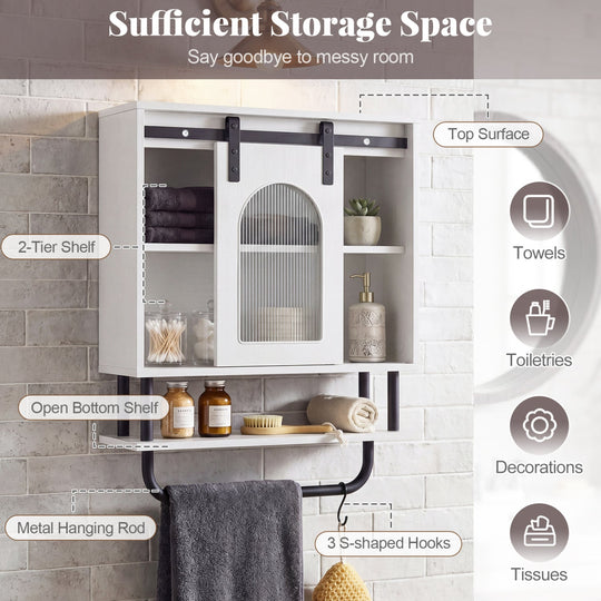 Bathroom Wall Cabinet with Sliding Barn Door and Metal Hanging Bar with 3 Hooks