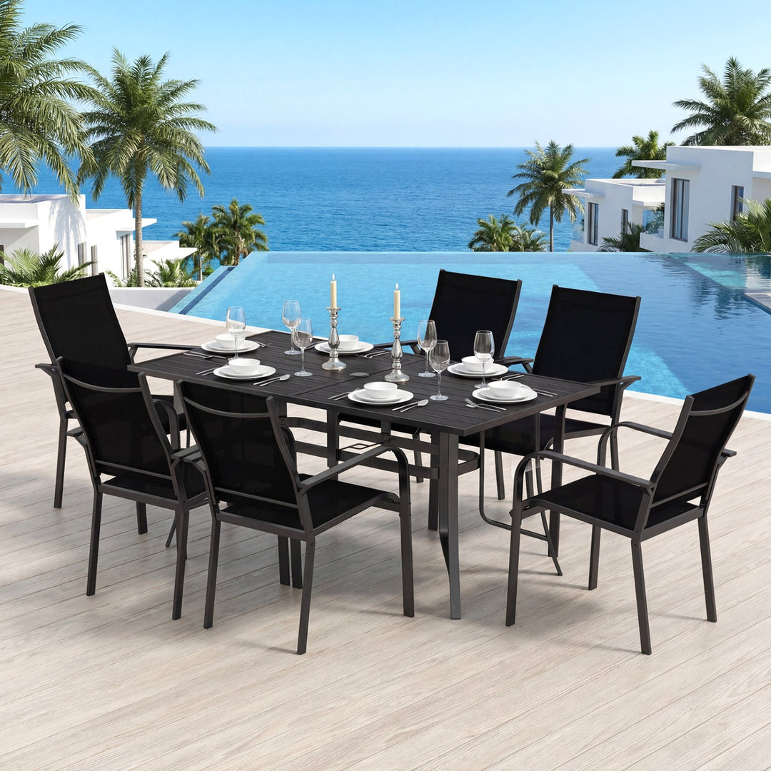 7-Piece Patio Dining Set for 6 with Rectangle Metal Table and Stackable Breathable Mesh Armchairs
