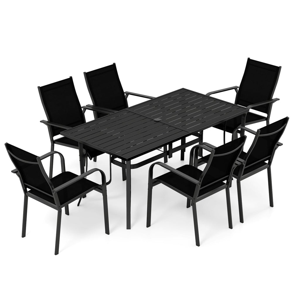 7-Piece Patio Dining Set for 6 with Rectangle Metal Table and Stackable Breathable Mesh Armchairs