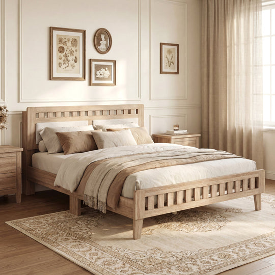 Queen Wood Bed Frame with Upholstered Headboard
