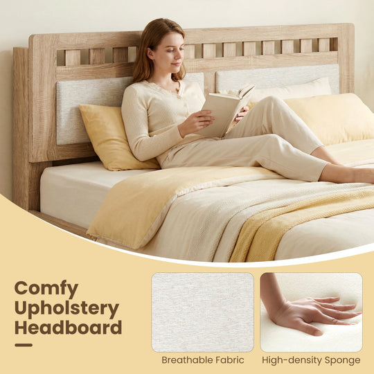 Queen Wood Bed Frame with Upholstered Headboard