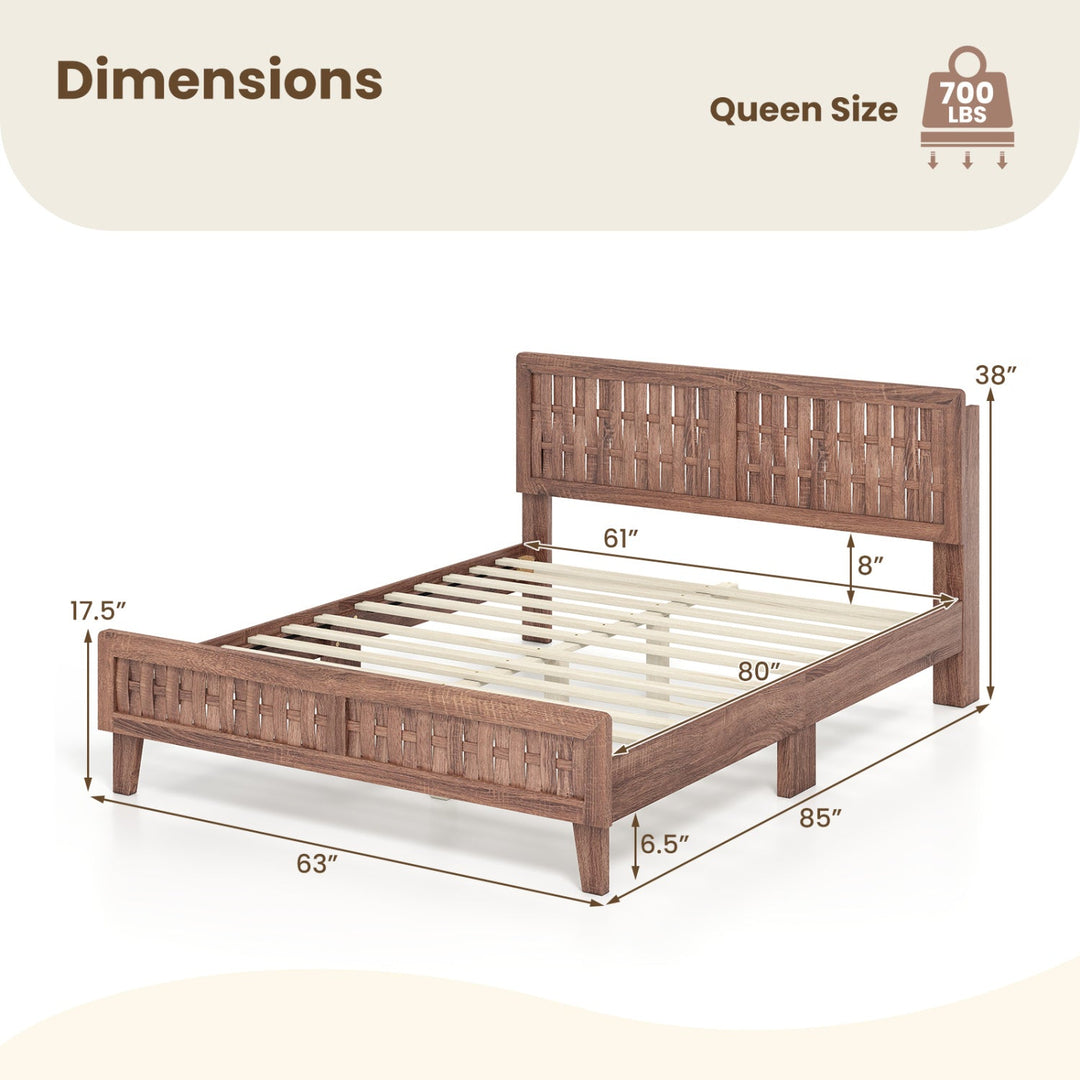 Mid Century Queen Size Bed Frame with Woven Accent Headboard