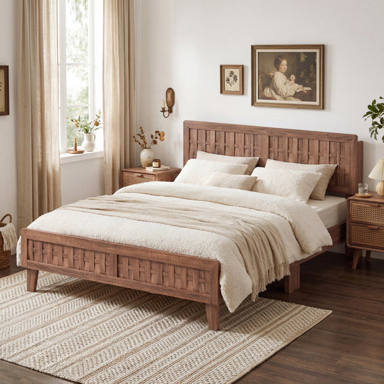 Mid Century Queen Size Bed Frame with Woven Accent Headboard