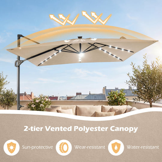 10 FT Cantilever Patio Umbrella with Solar LED Lights & Base