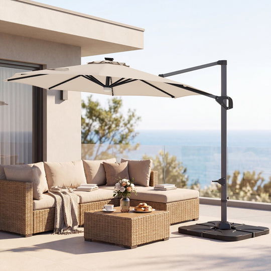 10 FT Cantilever Patio Umbrella with Solar LED Lights & Base