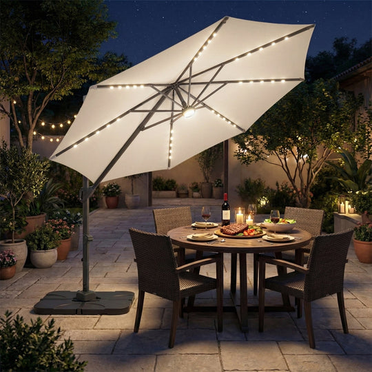 10 FT Cantilever Patio Umbrella with Solar LED Lights & Base