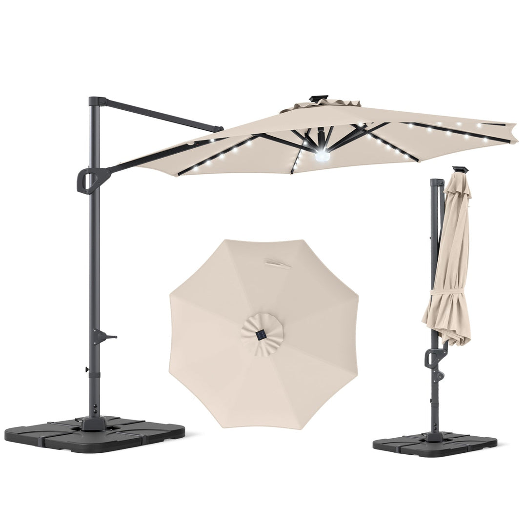 10 FT Cantilever Patio Umbrella with Solar LED Lights & Base