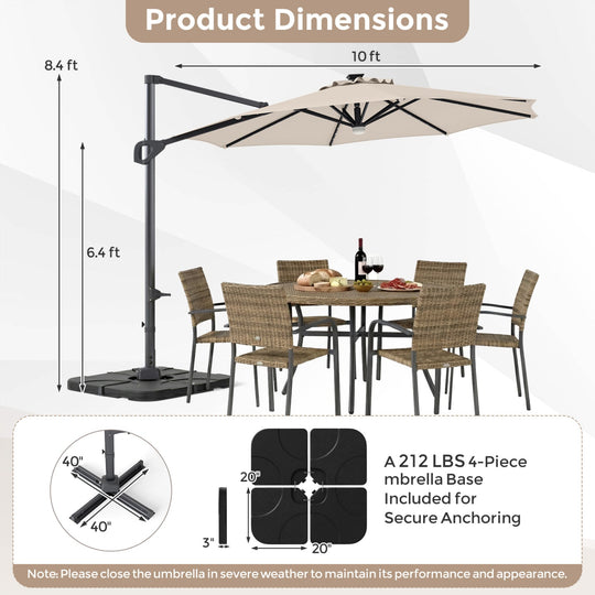 10 FT Cantilever Patio Umbrella with Solar LED Lights & Base