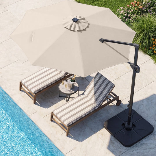 10 FT Cantilever Patio Umbrella with Solar LED Lights & Base