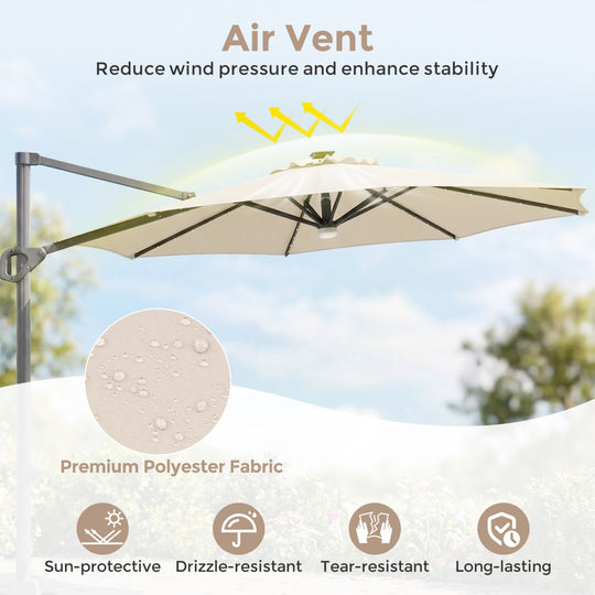 10 FT Cantilever Patio Umbrella with Solar LED Lights & Base