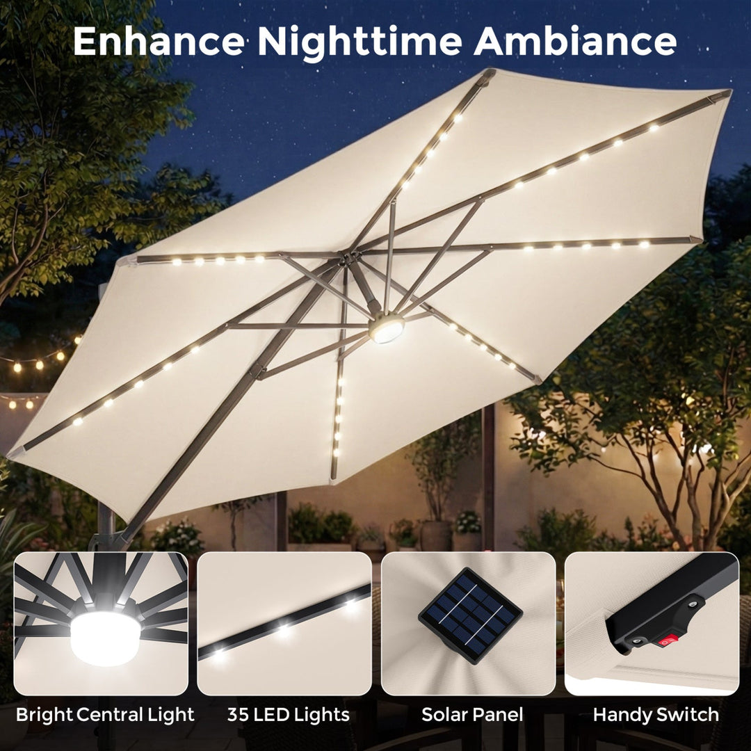 10 FT Cantilever Patio Umbrella with Solar LED Lights & Base