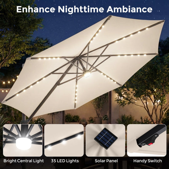 10 FT Cantilever Patio Umbrella with Solar LED Lights & Base