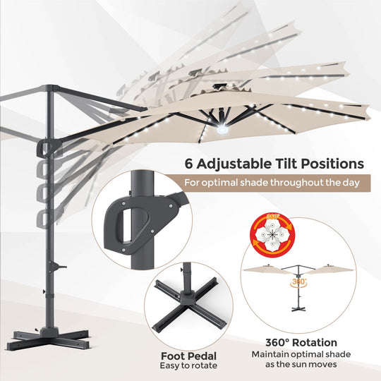 10 FT Cantilever Patio Umbrella with Solar LED Lights & Base