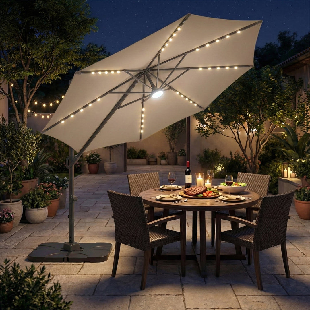10 FT Cantilever Patio Umbrella with Solar LED Lights & Base