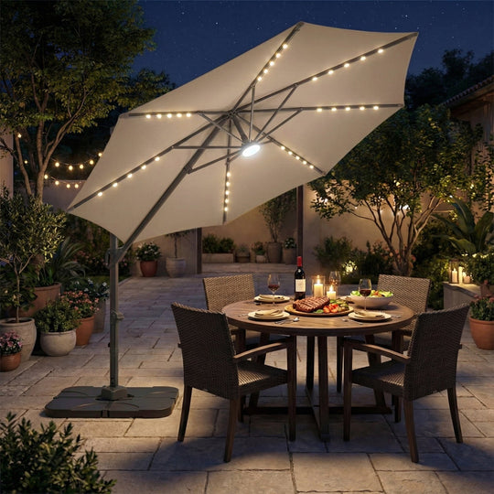 10 FT Cantilever Patio Umbrella with Solar LED Lights & Base