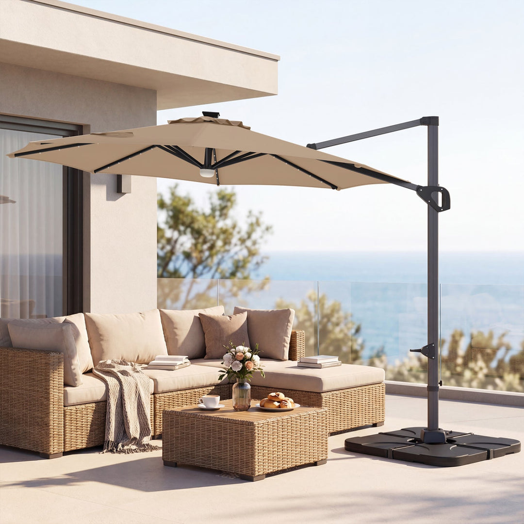10 FT Cantilever Patio Umbrella with Solar LED Lights & Base