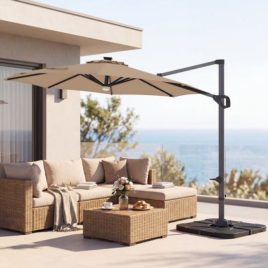 10 FT Cantilever Patio Umbrella with Solar LED Lights & Base