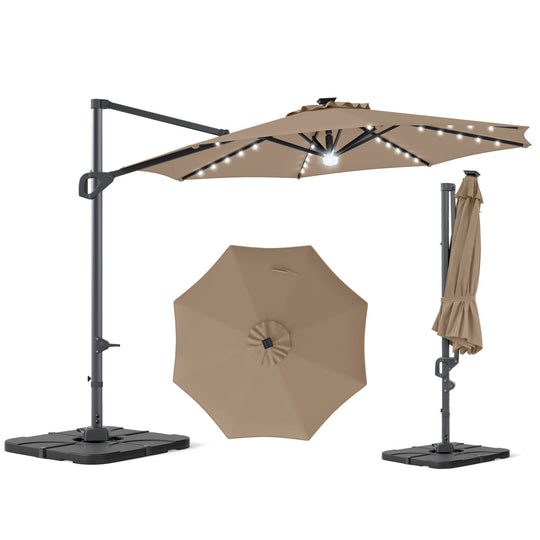 10 FT Cantilever Patio Umbrella with Solar LED Lights & Base