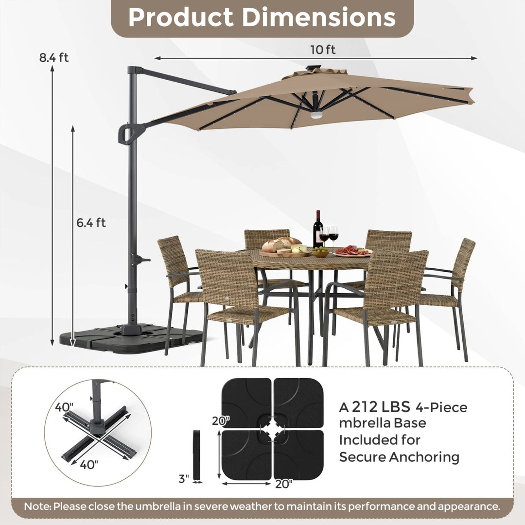 10 FT Cantilever Patio Umbrella with Solar LED Lights & Base