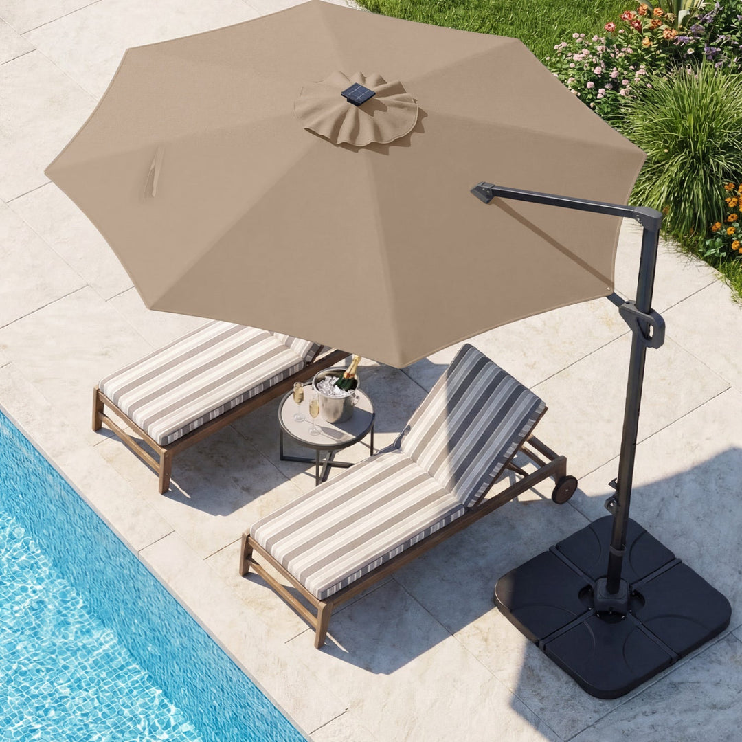 10 FT Cantilever Patio Umbrella with Solar LED Lights & Base
